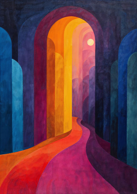 Let 'Sunset Portal' guide you along a path under a canopy of colorful arches, leading to the serene beauty of a sunset in a world where reality meets imagination. Shape Painting Ideas, Two Paths Illustration, Portal Painting Ideas, Portals Illustration, Portal Fantasy Art, Path Artwork, Portal Artwork, Portal Painting, Abstract Sunset Painting