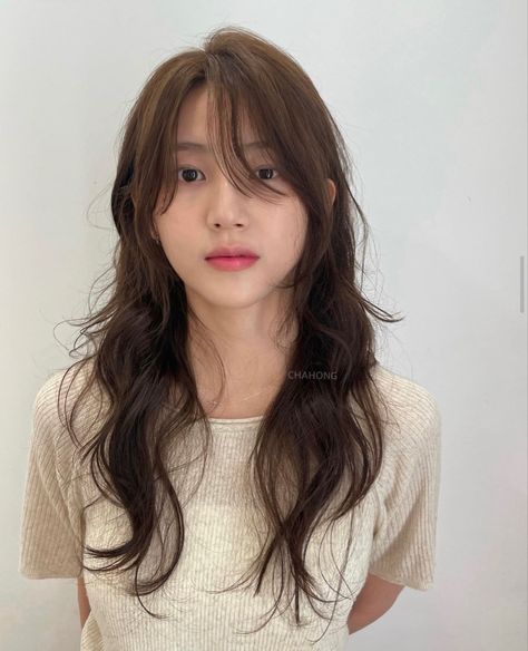 Layered Permed Hair, Japanese Pigtail Hairstyles, Curly Hime Haircut, Wavy Asian Hair, Wavy Hime Cut, Long Layered Hair Japanese, Korean Perm Long Wavy Hair, Hime Cut On Wavy Hair, Japanese Perm