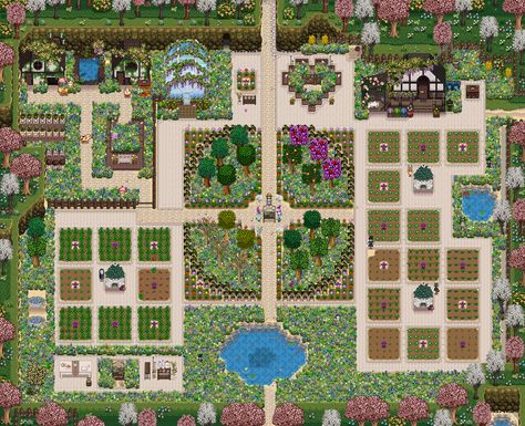 Stardew valley standard farm layout idea, hearts, aesthetic, garden, cottagecore, girly Meadowlands Farm, Stardew Layout, Stardew Valley Farm Ideas, Stardew Valley Farm Layout, Stardew Farm, Farm Layouts, Stardew Farms, Cottagecore Farm, Stardew Valley Ideas