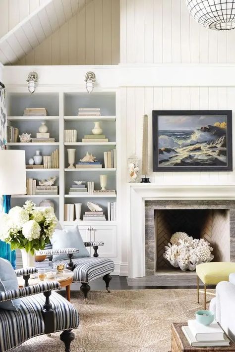 a non working fireplace with corals inside is a perfect solution for a seaside or coastal home Empty Fireplace Ideas, Empty Fireplace, Long Island House, Coastal Style Living Room, Fireplace Decorations, 1920s House, Hampton Style, Coastal Living Rooms, Beach House Style