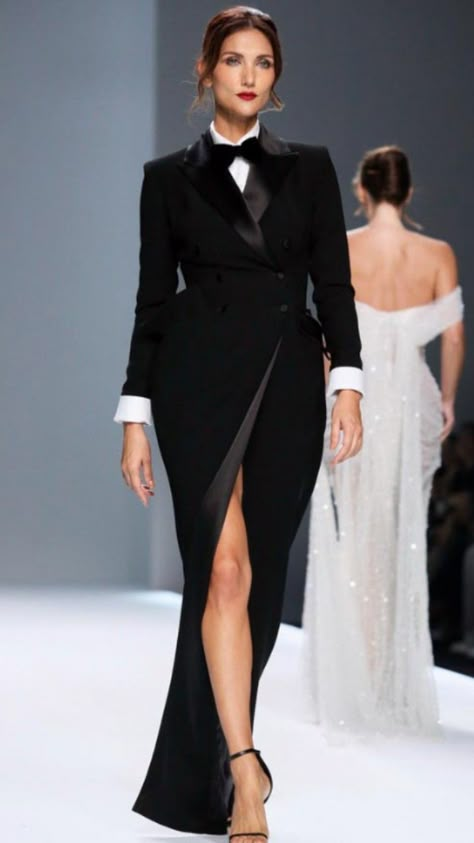 Dress Tuxedo Combo, Tuxedo Dress For Woman, Tuxedo Inspired Dress, New Years Dress Classy, Tuxedo Dresses For Women, Tuxedo Gown, Unique Tuxedos, Tux Dress, Tuxedo Women