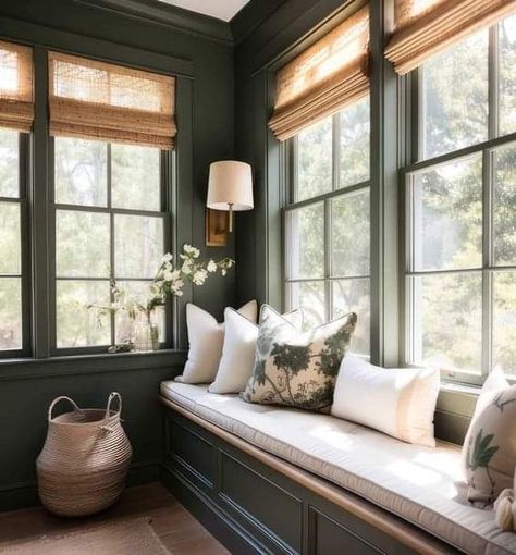 Sunroom Paint Colors, Green Sunroom, Sunroom Colors, Plank And Pillow, Small Sunroom, Sunroom Decorating, Trending Paint Colors, Sunroom Designs, Green Paint Colors