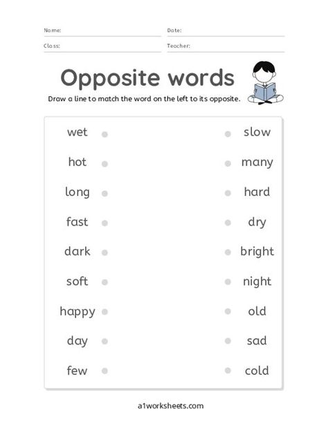 Grade 1 Match the Opposite Words Worksheet Opposite Worksheets Grade 1, Opposites Worksheet Grade 1, Opposite Words For Kids Worksheet, Opposite Words Worksheet, Opposites Worksheet, Printable Worksheets For Kindergarten, Calendar Skills, Words Worksheet, Preschool Number Worksheets