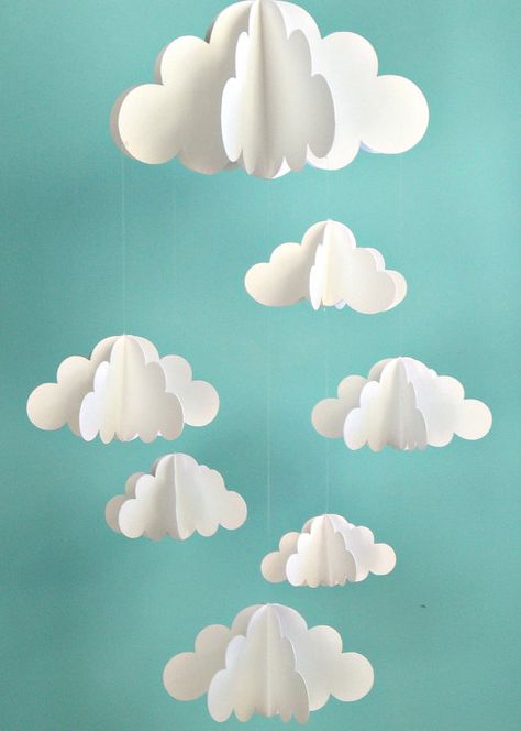 Rachel's shower - Paper clouds Paper Clouds, Hantverk Diy, Paper Mobile, Cloud Mobile, Nursery Mobile, The Ceiling, Kirigami, 3d Paper, Air Balloon