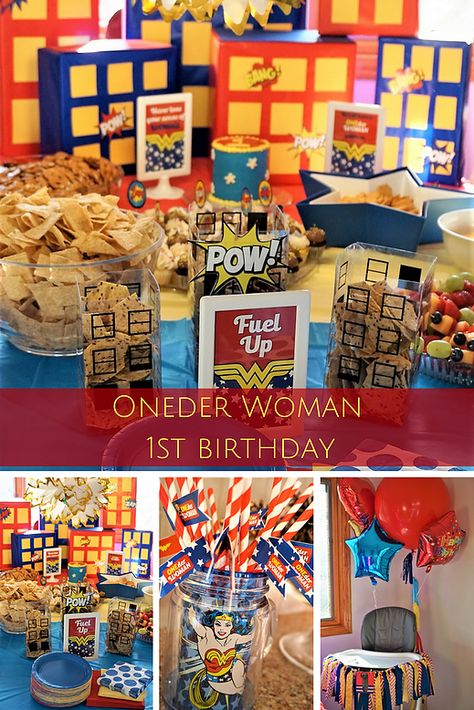 'One'der Woman: A First Birthday Party | Legally Crafty: An ESQ Who Loves DIY Wonder Woman Food Party Ideas, Wonder Women First Birthday Party Ideas, Oneder Woman 1st Birthday Cake, Wonder Woman First Birthday Party, Wonder Woman Party Food, Wonder Woman 1st Birthday Party, Onederwoman First Birthday, Wonder Woman First Birthday, One Der Woman First Birthday