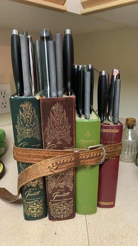 Knife Block by Rhea Kozmick on FB @Repurpose + Upcycle = Inspiration · Book Knife Block, Book Knife Holder, Knife Block Diy, Upcycle Inspiration, Kitchen Knife Holder, Rental Home Decor, Brick Cottage, Old Book Crafts, Diy Knife