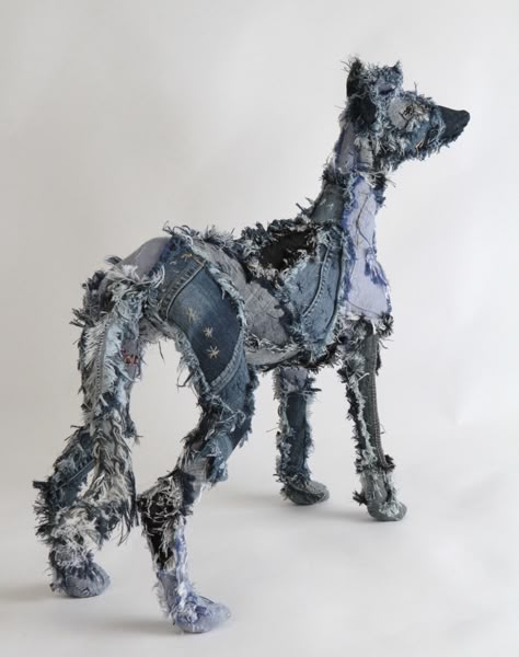 Denim Sculpture, Denim Textiles, Jean Stuffed Animals, Life Size Stuffed Animals, Upcycled Stuffed Animals, Sewing Jeans Dog, Barbara Franc, Expressive Sculpture, Stuffed Animal Upcycle