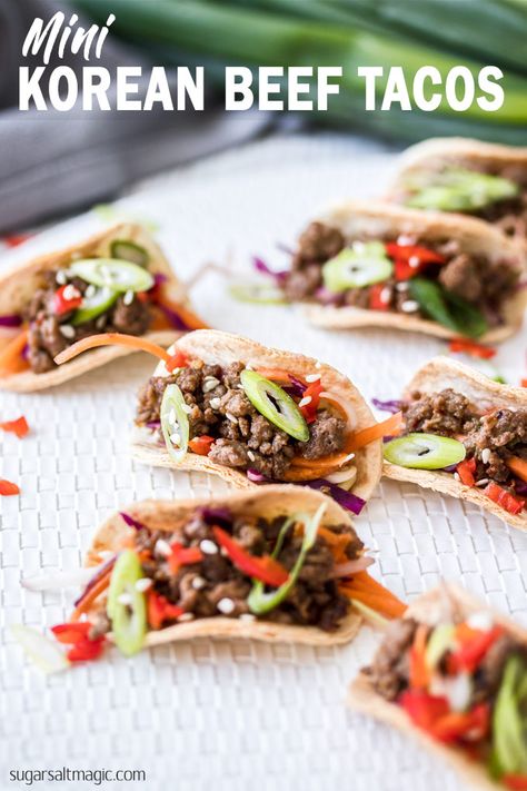 My Mini Korean Beef Tacos are mini tacos filled with Korean style beef. Filled with umami flavour, these tacos are perfect as an appetiser but can be made into full size tacos too. #sugarsaltmagic #minitacos #tacorecipe #koreantacos #koreanbeef #koreanrecipes #tacosrecipes #besttacorecipes via @sugarsaltmagic Bulgogi Tacos, Korean Beef Tacos, Kimchi Slaw, Korean Fried Chicken Wings, Korean Style Beef, Chicken Wing Recipes Fried, Mini Tacos, Asian Slaw, Beef Tacos