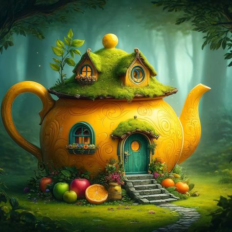 Storybook Art Vintage, Teapot House, Pumpkin Teapot, Coloured Pictures, Teapot Art, Pumpkin Cottage, Hobbit Houses, Natural Views, Tea Pots Art