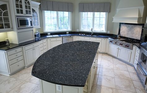 blue-pearl-granite-countertop Kitchen Black Granite Countertops, Kitchen Black Granite, Kitchen Design Granite Countertops, Prefab Outdoor Kitchen, Blue Granite Countertops, Blue Pearl Granite, Backsplash For White Cabinets, Kitchen Design Countertops, Living Room And Kitchen Design