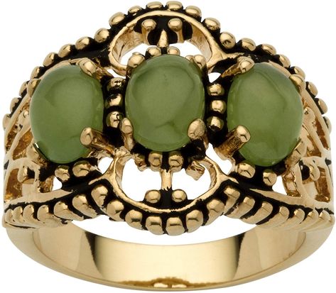 Palm Beach Jewelry 18K Yellow Gold Plated Antiqued Oval Shaped Genuine Green Jade 3 Stone Ring >>> You can get more details by clicking on the image. (This is an affiliate link) Gold Oval Ring, Antique Gold Rings, Rings Green, Filigree Ring Gold, Antique Filigree, Rings Accessories, Palm Beach Jewelry, Jade Ring, Gold Band Ring