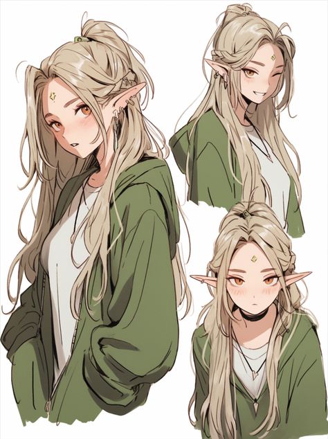 blonde, long hair, elf ears, green Anime Elf Sketch, Anime Girlies Elf, Elf Clothing Aesthetic, Drawn Hairstyles Character Design, Elf Ear Reference Drawing, Female Elf Hairstyles, High Elf Hairstyles, Wood Elf Drawing, Elf Hairstyles Drawing