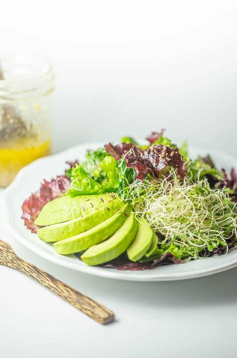 Garlic Flaxseed Vinaigrette Salad Flax Seed Oil Recipes, Garlic Vinaigrette, Flax Seed Oil, Seed Salad, Vinaigrette Salad, Broccoli Sprouts, Raw Garlic, Warm Salad, Flax Seed Recipes