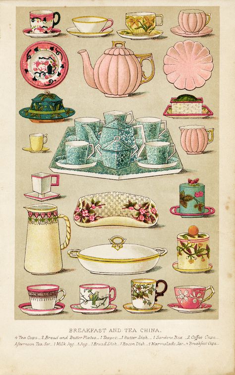 Old Design Shop Mrs. Beetons Breakfast and Tea China Tee Kunst, Household Management, Tea Cups And Saucers, Card Making Supplies, Images Vintage, Illustration Vintage, Tea Art, Cups And Saucers, Old Fashion