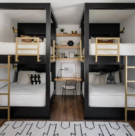 Black And White Bunk Room, Double Bunk Room, Small Bunk Room Ideas Space Saving, Bunk Beds Bedroom, Boys Bedroom Bunk Beds, Modern Bunk Bed, Room With Bunk Beds, Airbnb Decor Ideas, Black Bunk Beds