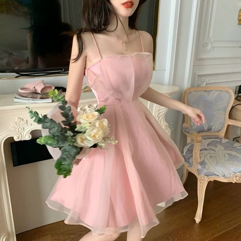 GANGER - Sheer Panel Strappy A-line Dress Prom Dress Korean, Short Prom Dress, Pink Tulle, Korean Dress, Short Prom, Summer Party Dress, Looks Chic, Teen Fashion Outfits, Looks Vintage