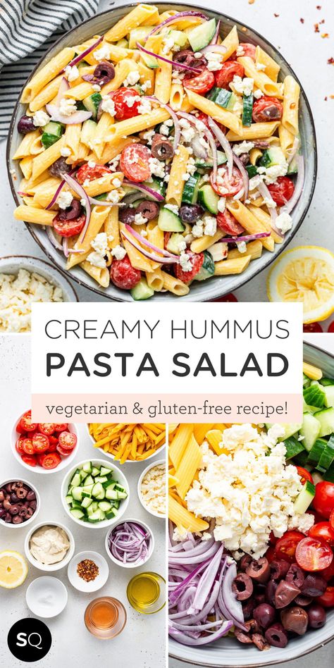 Quinoa Pasta Salad Recipes, Pasta And Quinoa Salad, Vegetarian Salads Protein, Vegetarian Protein Pasta Salad, Salads With Hummus, Hummus Salad Recipe, High Protein Vegetarian Pasta Salad, Hummus Pasta Salad, Quinoa Pasta Salad