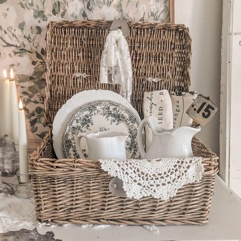 Large Basket Decor Ideas, How To Decorate With Baskets, Restoration Hardware Decor, Wooden Box Decor, Decorating With Baskets, French Country Baskets, Living Room Modern Farmhouse, Baking Area, Cottage Addition