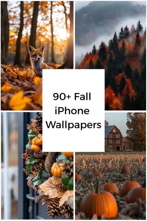 Collage of autumn-themed images featuring a fox, misty forests, a fall wreath, a barn, and a pumpkin field, titled "90+ Fall iPhone Wallpapers". Iphone 15 Pro Wallpaper, Fall Iphone Wallpapers, Autumn Backgrounds, Pro Wallpaper, Moving Wallpapers, Hot Cider, Rustic Pumpkin, Forest Path, Autumn Morning