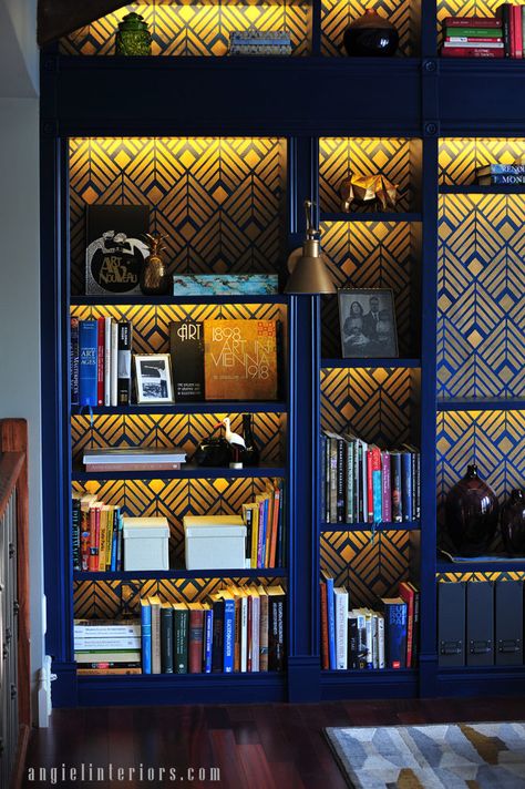 Wallpapered Billy Bookcase, Wallpaper A Cabinet, Art Deco Library Room, Wallpaper Behind Bookcase, Art Deco Ikea, Ikea Billy Wallpaper, Art Deco Bookshelves, China Cabinet Library, Navy Blue Bookcase