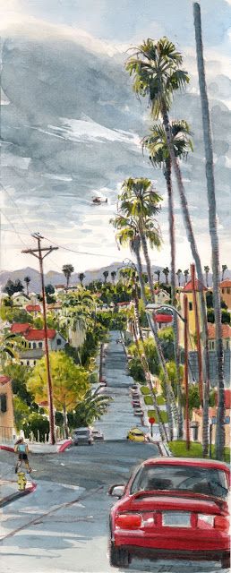 California Colors, Los Angeles Neighborhoods, Nature Sketch, Planner Art, La Art, Artist Sketchbook, Usa Art, Urban Sketchers, Echo Park