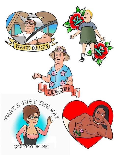 King Of The Hill Tattoo Flash, Hank Hill Tattoo, Dale Gribble Tattoo, Bobby Hill Tattoo, King Of The Hill Tattoo, Cartoon Flash Tattoo, Sick Tattoo Ideas, Doodle Bops, Peggy Hill