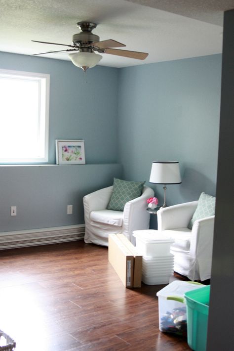 Behr Prelude, Organizing Basement, Playroom Update, Bathroom Paint Colors Behr, Playroom Chairs, Fun Lamp, Color Nursery, Finish Basement, Interior Paint Colors For Living Room