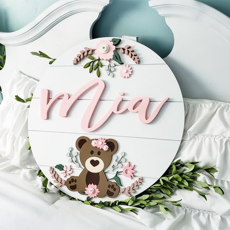 Teddy Bear With Flowers, Bear With Flowers, Baby Door Hangers, Beautiful Name, Baby Door, Nursery Name Sign, Wood Name Sign, Wooden Name Signs, Kids Room Wall Decor