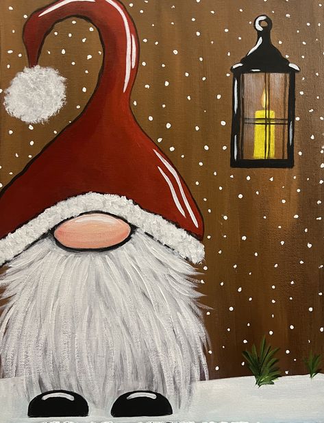 Paintings Of Gnomes, Sip And Paint Christmas Ideas, Christmas Gnome Painting Canvas, Easy Gnome Painting, Painted Christmas Gnomes, Christmas Acrylic Painting Ideas, Easy Santa Painting, Winter Gnome Painting, Easy Christmas Paintings On Canvas