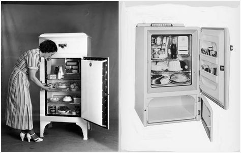 Some of our first refrigerators started arriving around 1910s. Ownership significantly increased after the Second World War. On the left is a refrigerator dating from the mid-1930s, stands on four legs and has a small icebox within the refrigerator at the top. The mid-1960s Electrolux refrigerator arrived with more features – shelves in the door, a separate freezer compartment and an additional icebox at the top. Todays improvements.. we now have lights New Zealand Homes, New Zealand Houses, Vintage Appliances, Commonplace Book, Food Channel, Women's History, Second World, Dream Kitchen, Refrigerator