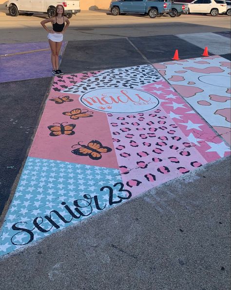 Ffa Parking Spot Painting, Senior Parking Space Ideas Volleyball, Pink Painted Parking Spots, Senior Parking Spot Girly, Girly Parking Spot Painting, Senior Painted Parking Spaces Ideas, Senior Parking Spot Ideas Girly, Painted Parking Spots Senior Girls, Senior Parking Space Ideas 2024