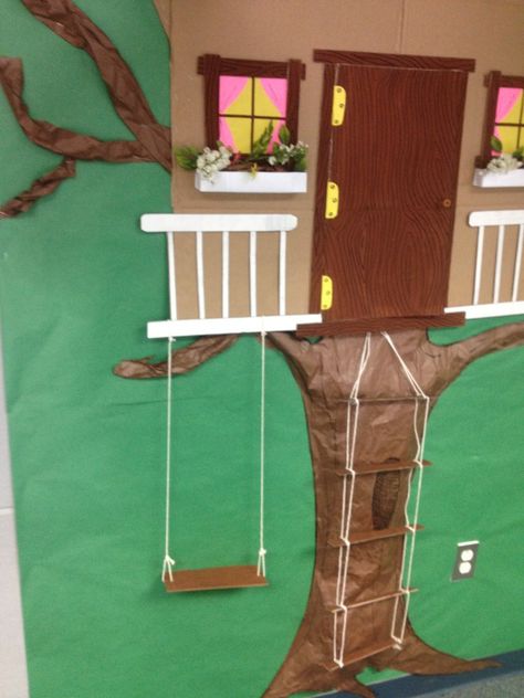 Tree House Classroom Theme, Classroom Treehouse, Reading Tree Corner Classroom Decor, Magic Tree House Door Decoration, Magic Tree House Bulletin Board, Treehouse Classroom, Backyard Bible Camp, Preschool Door, Reading Week