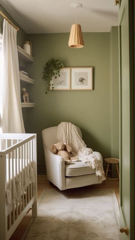 Olive Green Walls And Ceiling, Calm Green Nursery, Half Nursery Half Office, Green Rocking Chair Nursery, Crib Corner Of Room, Light Olive Living Room, Small Nursery Paint Colors, Cream Rocking Chair, Green Nursery Chair