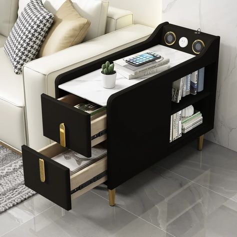 Modern Black Narrow Side Table Sintered Stone Top End Table Speaker & USB Port Side Table For Sofa, Monochrome Bedding, Table For Sofa, Folding Tv Trays, Best Dresser, Storage Side Table, Music Speaker, Narrow Side Table, Minimalist Bed