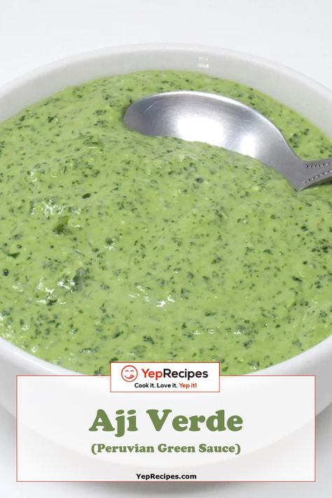 Aji Verde (Peruvian Green Sauce) Peruvian Sauce, Spicy Food Recipe, Spicy Green Sauce, Peruvian Green Sauce, Avocado Sauce, Green Sauce, Spicy Food, Homemade Sauce, Vegetarian Cheese