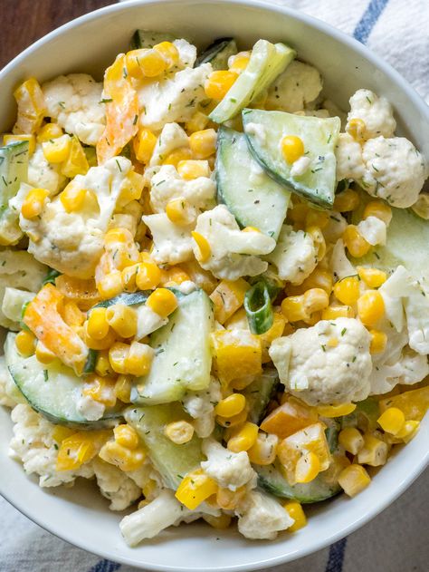 Creamy Salad, Cooking Panda, Creamy Cauliflower, Summer Corn Salad, Cauliflower Salad, Cold Salad, 12 Tomatoes, Lake Food, Camping Recipes