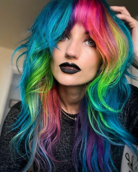 Vivid Hair With Bangs, Artistic Hair Color, Banged Haircut, Spring Vivid Hair Color, Fantasy Hair Color Short, Hair Down Prom Styles, M Hairline, Crazy Hair Color Ideas, Hair Red Color