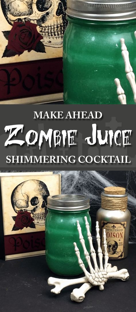 Cocktail - Make-Ahead Zombie Juice - A Shimmering Alcoholic Drink Cocktail Zombie, Zombie Juice, Zombie Drink, Fireball Recipes, Tequila Mixed Drinks, Halloween Themed Drinks, Halloween Cocktail Party, Halloween Drinks Alcohol, Halloween Cocktail