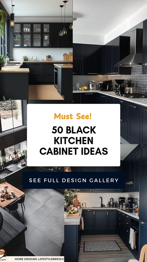 Transform your culinary space with these 50 stunning black kitchen cabinet ideas. From sleek and modern designs to rustic charm, black cabinets add a touch of sophistication and elegance to any kitchen decor. Explore unique styles and color combinations that work with black cabinets, including trendy gold and white accents. Whether you're renovating, upgrading, or simply seeking inspiration, these ideas will help you create a dream kitchen layout that's both tasteful and practical. Perfect for modern homes or traditional settings, find your ideal look now! Kitchen Design Color Combination, Black Cabinetry, Black Kitchen Cabinet, Kitchen Galley, Kitchen Cabinet Inspiration, Modern Black Kitchen, Luxury Ideas, Cabinet Inspiration, Natural Stone Countertops