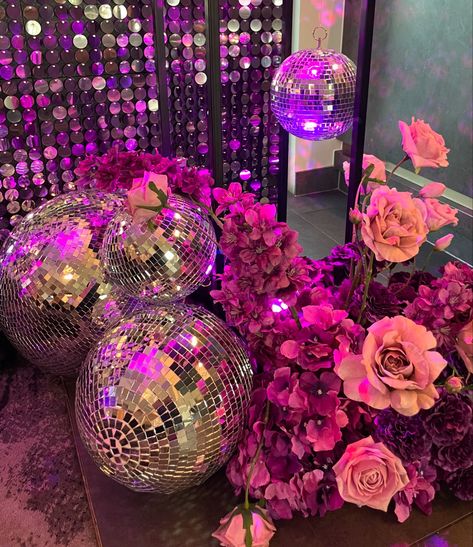 This colour palette 🪩💜🤩 The combination of vibrant purple and shimmering silver mirror balls is perfect for infusing your space with the perfect party vibes! #disco #backdrop #purpledisco #eventplanners #eventdecorators Disco Candy Table, Purple Disco Aesthetic, Disco Party Color Palette, Disco Backdrop, Disco Party Aesthetic, Purple Disco, Disco Aesthetic, Midnight Masquerade, Disco Decorations