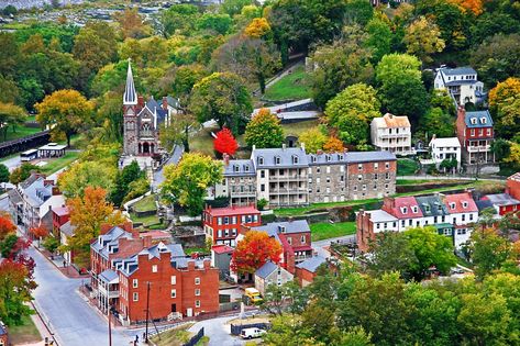 Harper's Ferry, West Virginia, view from the Potomac River. Yellow Springs Ohio, Harbour Town, Travel Team, Colonial History, John Brown, Harpers Ferry, Best Family Vacations, Yellow Springs, Mountain Village