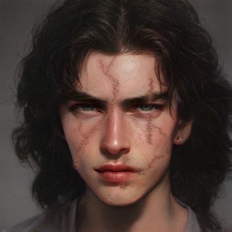 Character With Scar On Face Male, Scarred Male Face Claim, Art Breeder Scar, Oc Face Scar Ideas, Dr Scar Claims, Scar Face Character Art, Face Burn Scar Reference, Scarred Face Character Male, Artbreeder Scar