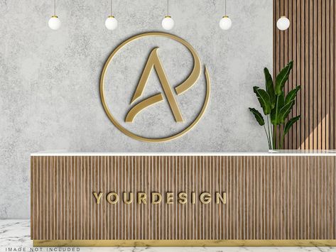 PSD gold 3d logo mockup on the cement wa... | Premium Psd #Freepik #psd #office-mockup #realistic-mockup #office-logo-mockup #modern-mockup Office Logo Wall Design, Logo Reception, Hospital Interiors, Reception Interior, Wood Reception, Wood Reception Desk, Classroom Interior, Office Logo, Clinic Logo