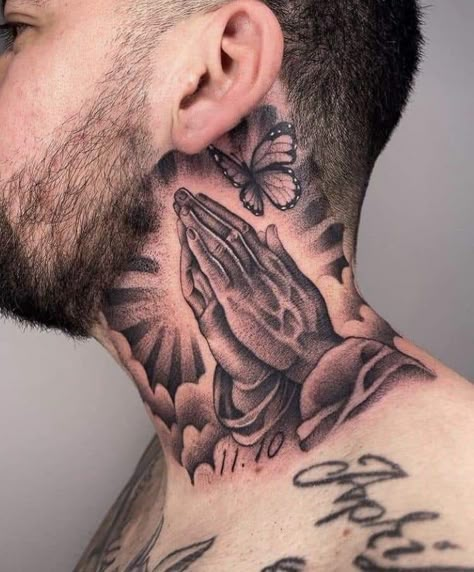 Small Gang Tattoos, Cool Face Tattoos, Butterfly Neck Tattoo, Front Shoulder Tattoos, Side Neck Tattoo, Throat Tattoo, Men Tattoos Arm Sleeve, Mens Shoulder Tattoo, Forarm Tattoos