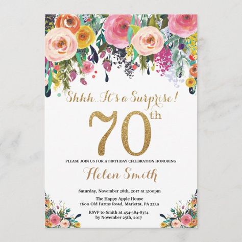 Floral Surprise 70th Birthday Invitation Gold Surprise 30th Birthday, 13th Birthday Invitations, 90th Birthday Invitations, Surprise Birthday Invitations, 70th Birthday Invitations, 80th Birthday Invitations, 16th Birthday Invitations, 21st Birthday Invitations, 60th Birthday Invitations