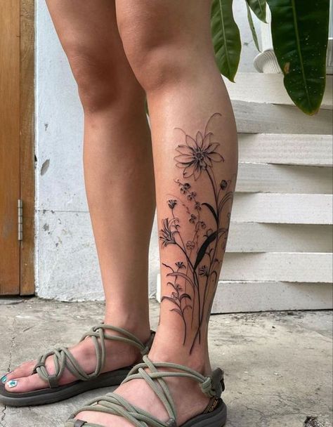 Flower Tattoo Calf, Flower Calf Tattoo, Flower Vine Tattoos, Leg Sleeve Tattoos, Shin Tattoo, Vine Tattoos, Leg Sleeve Tattoo, Calf Tattoo, Leg Sleeve