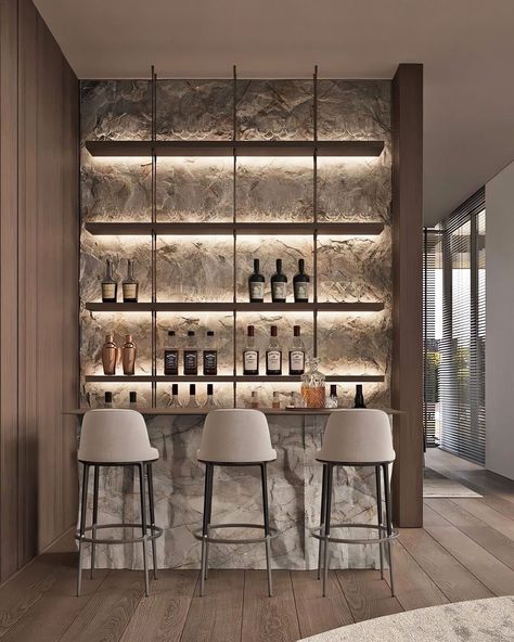 Bar Against Wall, Wall Bar Ideas For Home, Diy Dry Bar, Modern Home Bar Designs, Dry Bar Ideas, Small Bars For Home, Hangout Space, Home Wet Bar, Home Bar Areas