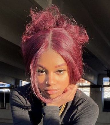 Brown And Pink Hair Black Women, Black Girls With Dyed Hair, Pink Hair Brown Skin, Pink Hair On Brown Skin, Pink Hair Dark Skin, Cherry Pink Hair, Red Updo, Pink Hair Black Women, Pink Natural Hair