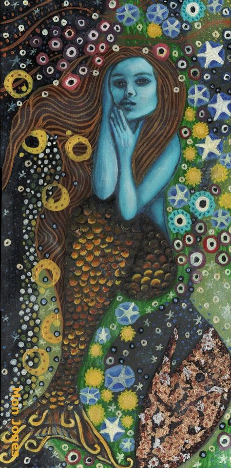 I love the abstract nature of the Klimt mermaid series, it really does embrace the beauty of ocean art, but brings a touch of something special, something magical to the scene too. This particular painting features a mermaid led on her side, with a whale finished in gold leaf joining her.   #darkfairy #darkfairyart #darkfairyartforsale #darktropicalfairyforsale #fairyartforsale #fairyoilpainting : #Klimtinspired #Klimtart #Klimtmermaids #buyart #mermaidart #mermaidpainting #mermaidartwork Mermaid Paintings, Mermaid Song, Klimt Inspired, Chef Shirt, Long Painting, Mermaid Artwork, Klimt Art, Mermaid Painting, Celtic Style