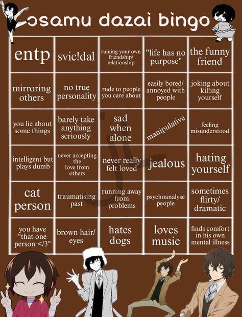 ♡ Odasaku Kinnie Bingo, Dazai Kinnie Bingo Template, Dazai Bingo Kin, Every Kin List Got The, Dazai Jealous, Bsd Kinnie Bingos Dazai, Kinnie Bingo Dazai, Chuuya Kinnie Bingo, Nikolai Kinnie Bingo